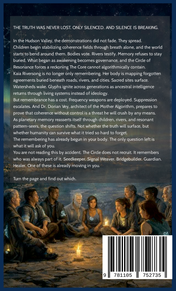 Back cover of Book II: The Remembering — a candlelit circle of community members above the synopsis and barcode